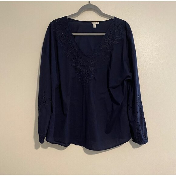 Navy Blue Spense Womens XL V-Neck Long Sleeve Top With Floral Embroidery Detail - Picture 1 of 9